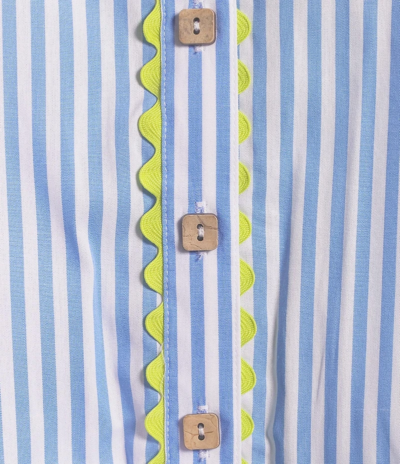 Ali Miles Petite Size Stripe Point Collar 3/4 Puff Sleeve Ric-Rack Trim Button-Front Shirt
