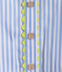 Ali Miles Petite Size Stripe Point Collar 3/4 Puff Sleeve Ric-Rack Trim Button-Front Shirt