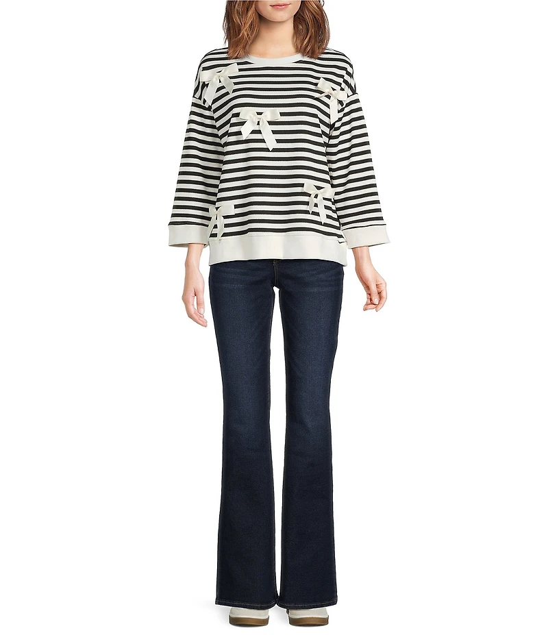 Ali Miles Petite Size Stripe Print Knit Satin Ribbon Bow Detail Scoop Neck Pullover