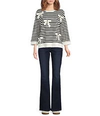 Ali Miles Petite Size Stripe Print Knit Satin Ribbon Bow Detail Scoop Neck Pullover