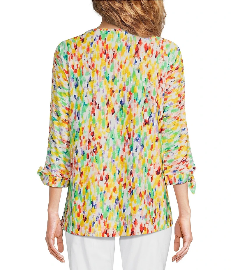 Ali Miles Petite Size Textured Knit Printed Round Neck 3/4 Tie Sleeve Shirttail Hem Tunic