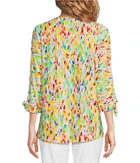Ali Miles Petite Size Textured Knit Printed Round Neck 3/4 Tie Sleeve Shirttail Hem Tunic