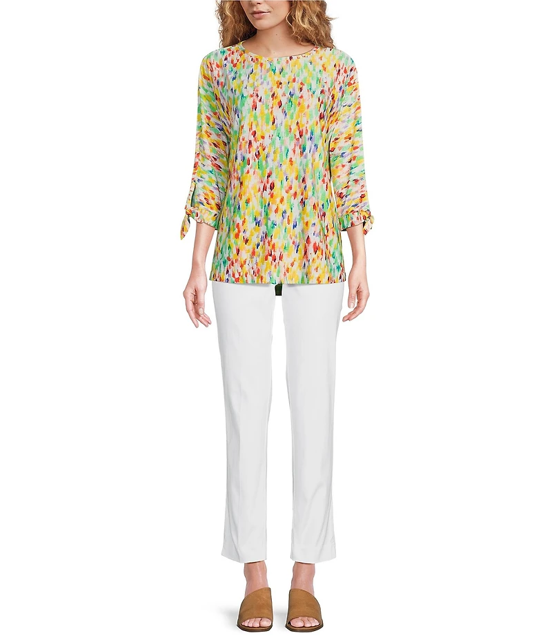 Ali Miles Petite Size Textured Knit Printed Round Neck 3/4 Tie Sleeve Shirttail Hem Tunic