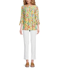 Ali Miles Petite Size Textured Knit Printed Round Neck 3/4 Tie Sleeve Shirttail Hem Tunic