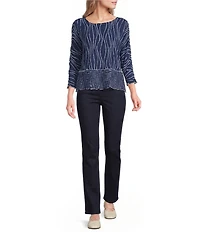 Ali Miles Petite Size Textured Knit Scoop Neck 3/4 Raglan Sleeve Top