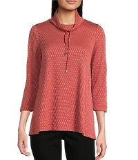 Ali Miles Petite Size Textured Solid Knit Cowl Neck 3/4 Sleeve Tunic