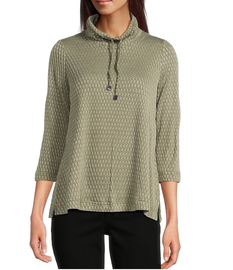 Ali Miles Petite Size Textured Solid Knit Cowl Neck 3/4 Sleeve Tunic