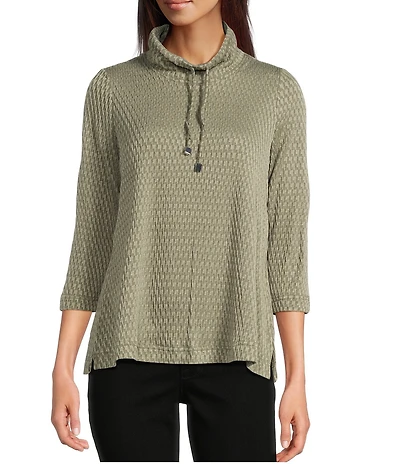 Ali Miles Petite Size Textured Solid Knit Cowl Neck 3/4 Sleeve Tunic