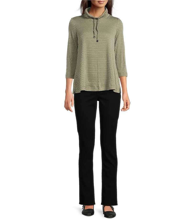 Ali Miles Petite Size Textured Solid Knit Cowl Neck 3/4 Sleeve Tunic