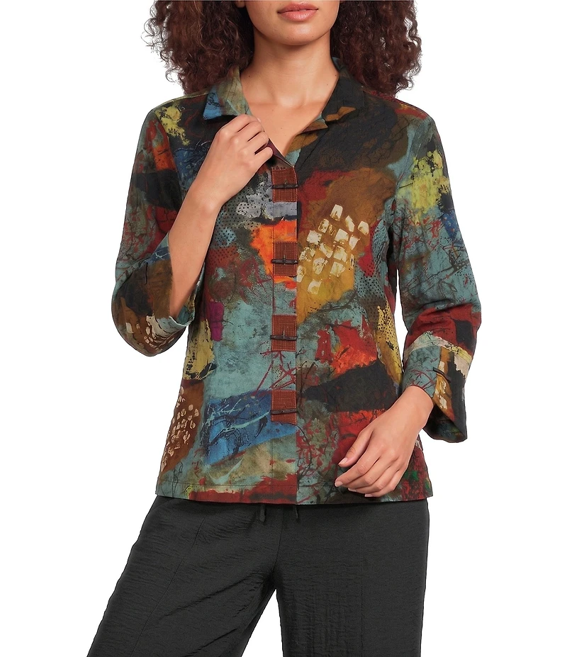 Ali Miles Petite Size Textured Woven Abstract Multi Print Wire Collar 3/4 Sleeve Button-Front Top