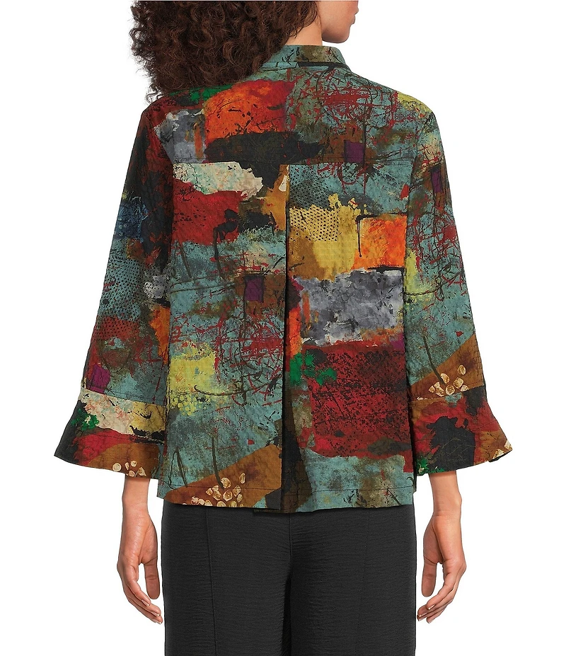 Ali Miles Petite Size Textured Woven Abstract Multi Print Wire Collar 3/4 Sleeve Button-Front Top