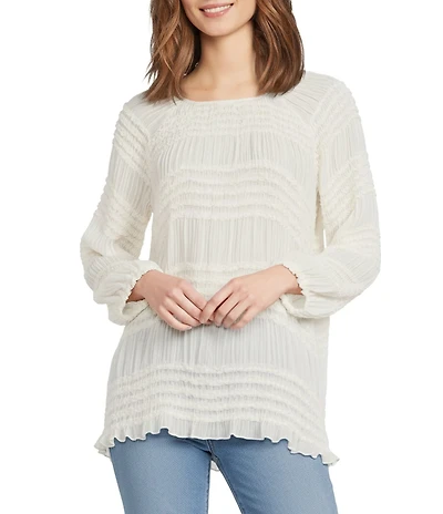 Ali Miles Petite Size Textured Woven Solid Stripe Round Neck Long Sleeve Top