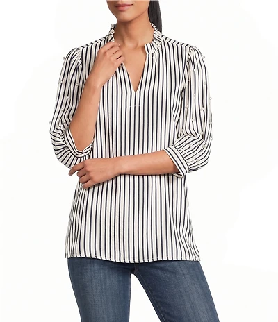 Ali Miles Petite Size Textured Woven Stripe Ruffle Collar 3/4 Sleeve Pearl Button Top