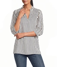 Ali Miles Petite Size Textured Woven Stripe Ruffle Collar 3/4 Sleeve Pearl Button Top