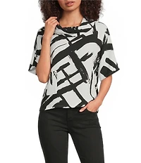 Ali Miles Petite Size Woven Abstract Cowl Neck Short Dolman Sleeve Pullover Top