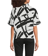 Ali Miles Petite Size Woven Abstract Cowl Neck Short Dolman Sleeve Pullover Top