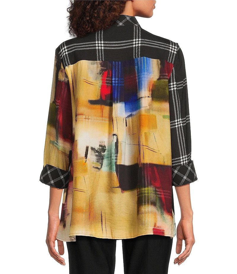 Ali Miles Petite Size Woven Abstract Multi Checked Stand Collar 3/4 Cuffed Sleeve Button-Front Tunic