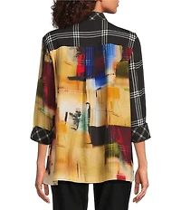 Ali Miles Petite Size Woven Abstract Multi Checked Stand Collar 3/4 Cuffed Sleeve Button-Front Tunic