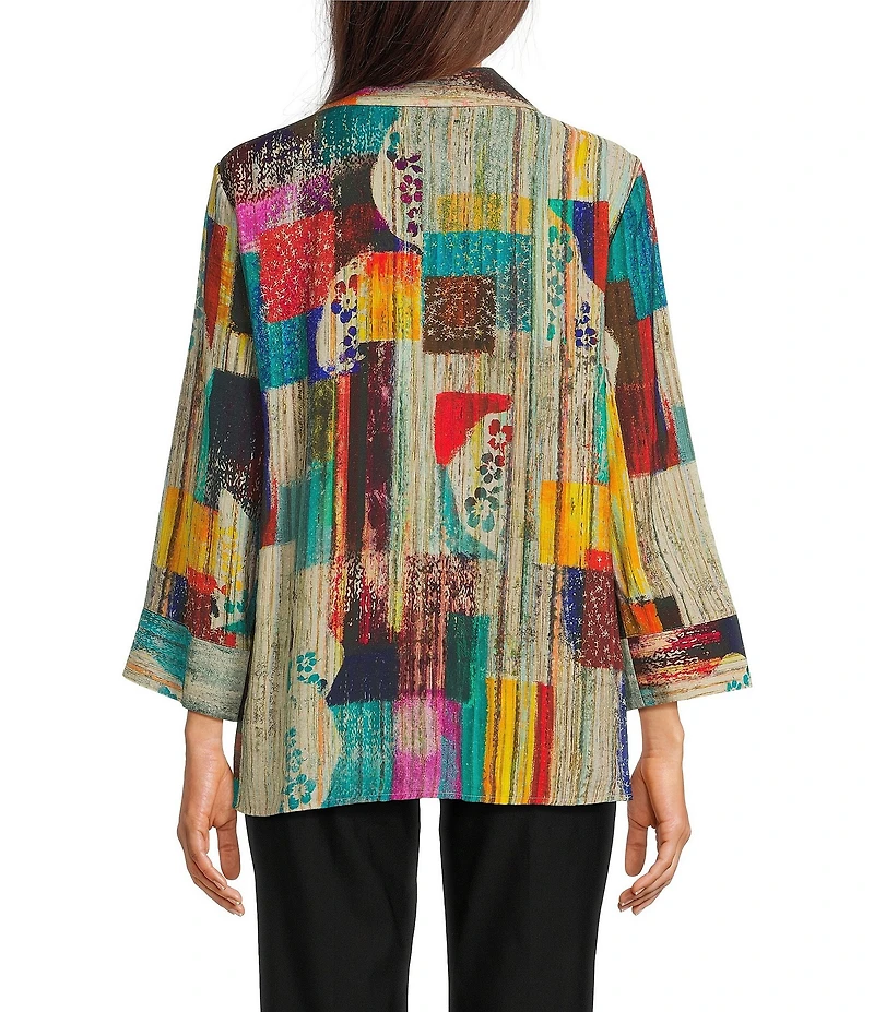 Ali Miles Petite Size Woven Abstract Multi Print Point Collar 3/4 Cuff Sleeve Button Front Tunic