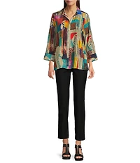 Ali Miles Petite Size Woven Abstract Multi Print Point Collar 3/4 Cuff Sleeve Button Front Tunic