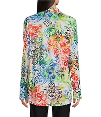 Ali Miles Petite Size Woven Abstract Multi Print Point Collar 3/4 Roll-Tab Sleeve Button Front Tunic