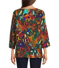 Ali Miles Petite Size Woven Abstract Multi Print Round Neck 3/4 Sleeve Top