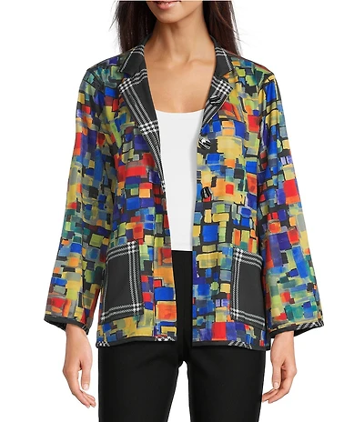 Ali Miles Petite Size Woven Abstract Multi Print Stand Collar Long Sleeve Reversible Jacket
