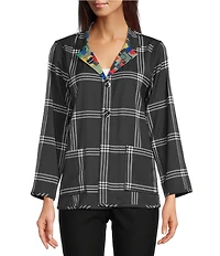 Ali Miles Petite Size Woven Abstract Multi Print Stand Collar Long Sleeve Reversible Jacket