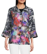 Ali Miles Petite Size Woven Abstract Multi Wire Collar 3/4 Sleeve Button Front Jacket