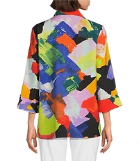 Ali Miles Petite Size Woven Abstract Print Point Collar 3/4 Sleeve Button-Front Tunic