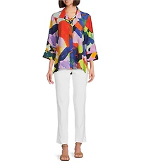 Ali Miles Petite Size Woven Abstract Print Point Collar 3/4 Sleeve Button-Front Tunic