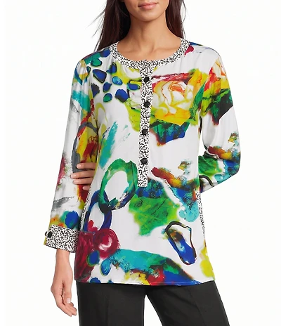 Ali Miles Petite Size Woven Abstract Round Neck 3/4 Cuffed Sleeve Blouse