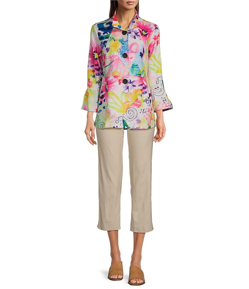 Ali Miles Petite Size Woven Abstract Wire Collar 3/4 Sleeve Button Front Jacket