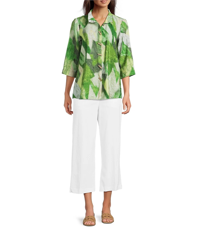 Ali Miles Petite Size Woven Abstract Wire Collar 3/4 Sleeve Button-Front Shirt