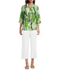 Ali Miles Petite Size Woven Abstract Wire Collar 3/4 Sleeve Button-Front Shirt