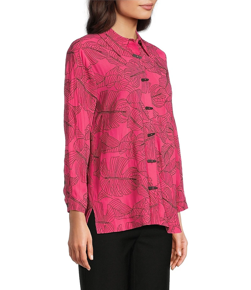 Ali Miles Petite Size Woven Allover Floral Embroidered Point Collar 3/4 Sleeve Button Front Tunic
