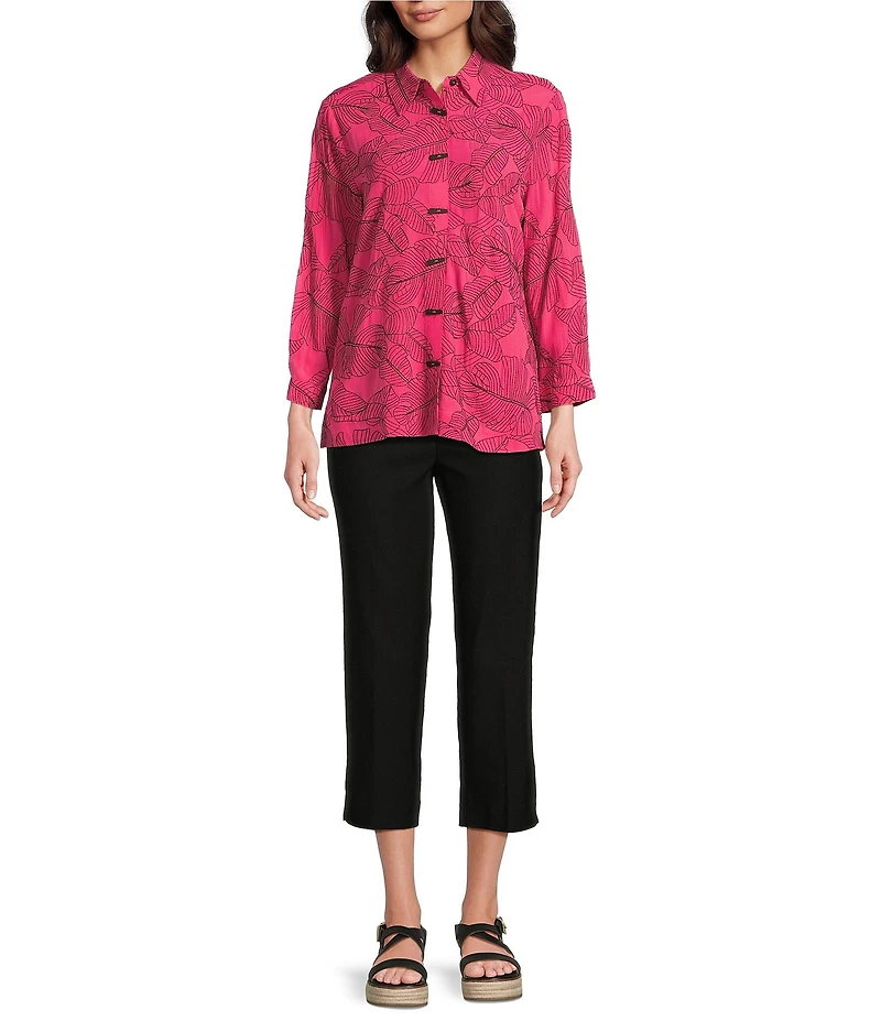 Ali Miles Petite Size Woven Allover Floral Embroidered Point Collar 3/4 Sleeve Button Front Tunic