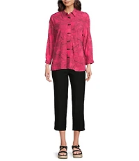 Ali Miles Petite Size Woven Allover Floral Embroidered Point Collar 3/4 Sleeve Button Front Tunic