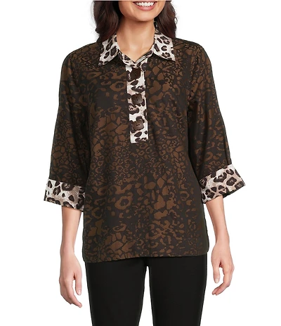 Ali Miles Petite Size Woven Animal Print Point Collar 3/4 Sleeve Contrast Trim Hi-Low Hem Tunic