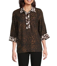 Ali Miles Petite Size Woven Animal Print Point Collar 3/4 Sleeve Contrast Trim Hi-Low Hem Tunic