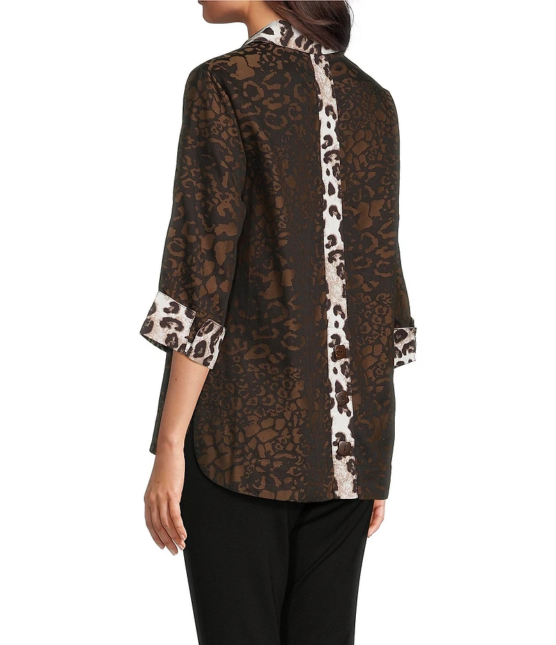 Ali Miles Petite Size Woven Animal Print Point Collar 3/4 Sleeve Contrast Trim Hi-Low Hem Tunic