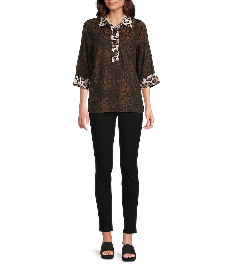 Ali Miles Petite Size Woven Animal Print Point Collar 3/4 Sleeve Contrast Trim Hi-Low Hem Tunic