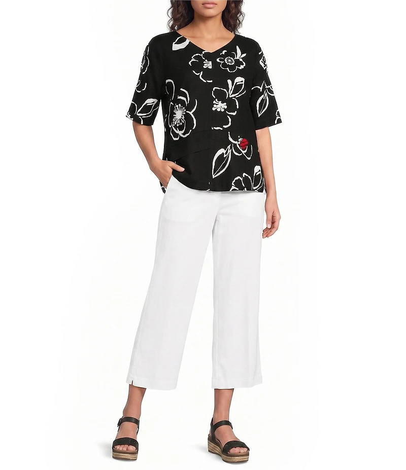 Ali Miles Petite Size Woven Contrast Floral Side V-Neck Elbow Sleeve Popover Top
