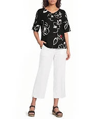 Ali Miles Petite Size Woven Contrast Floral Side V-Neck Elbow Sleeve Popover Top
