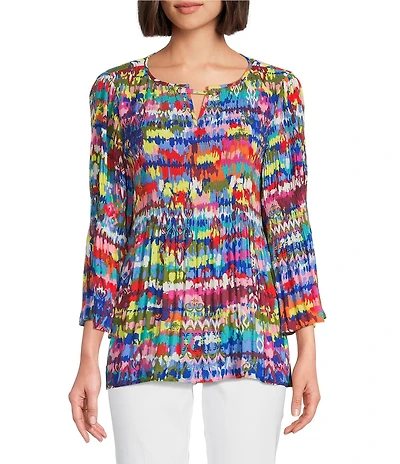 Ali Miles Petite Size Woven Crinkle Chevron Ikat Print Split V-Neck 3/4 Flounce Sleeve Tunic