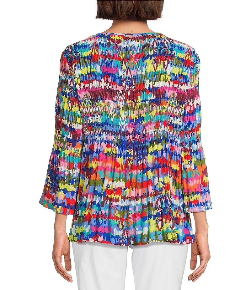 Ali Miles Petite Size Woven Crinkle Chevron Ikat Print Split V-Neck 3/4 Flounce Sleeve Tunic