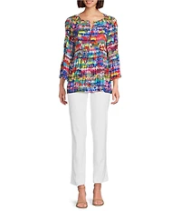 Ali Miles Petite Size Woven Crinkle Chevron Ikat Print Split V-Neck 3/4 Flounce Sleeve Tunic