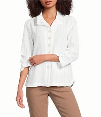 Ali Miles Petite Size Woven Dotted Stripe Wire Collar 3/4 Sleeve Button-Front Shirt