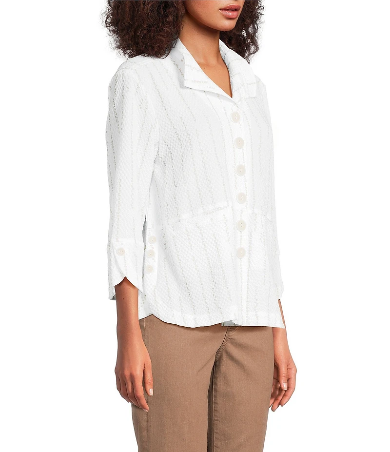 Ali Miles Petite Size Woven Dotted Stripe Wire Collar 3/4 Sleeve Button-Front Shirt
