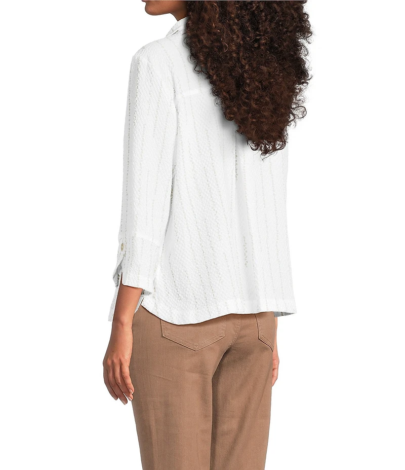 Ali Miles Petite Size Woven Dotted Stripe Wire Collar 3/4 Sleeve Button-Front Shirt